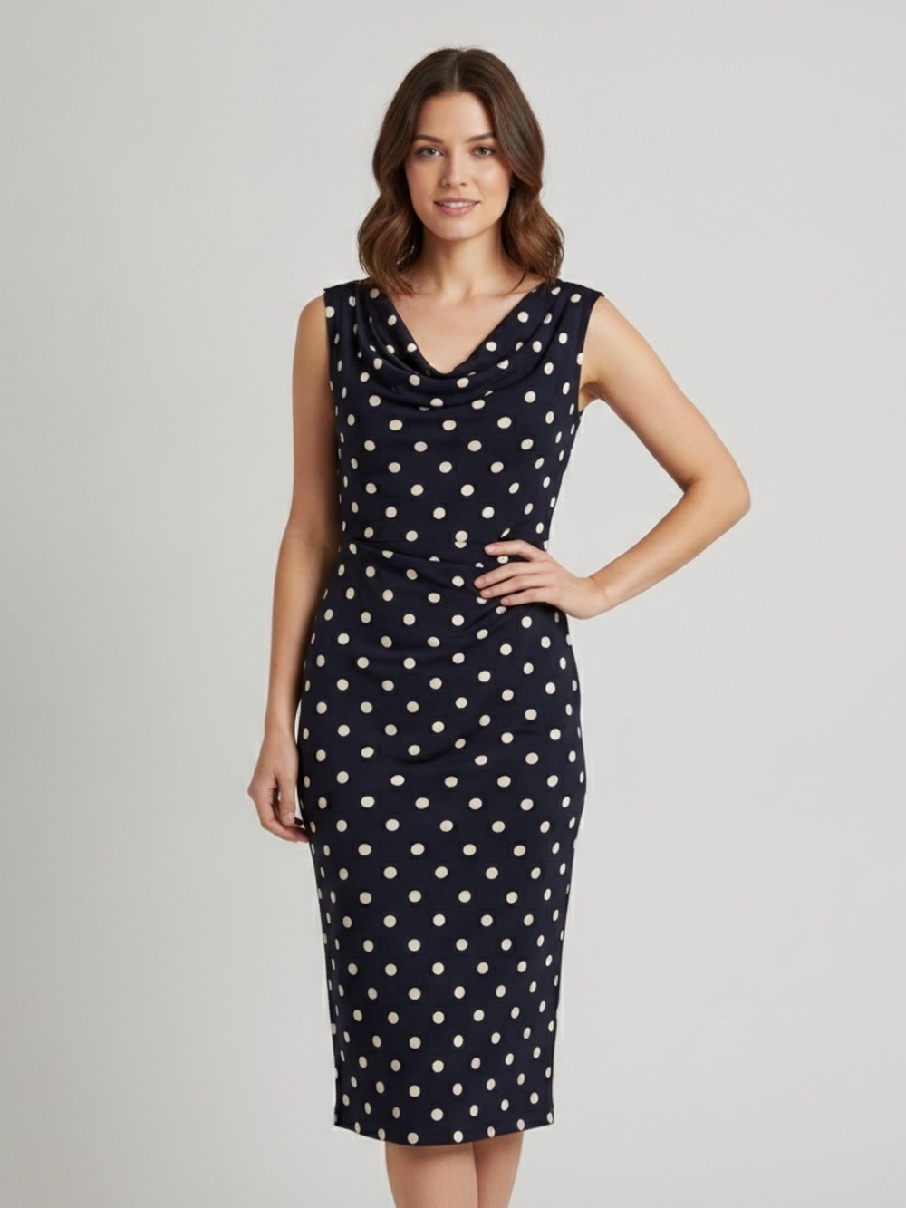 db Navy White Polka Dot Cowl Neck Ruched Sleeveless Midi Dress Size 14